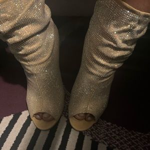 Gold Rhinestone Peep Toe  Heel Women's Boots